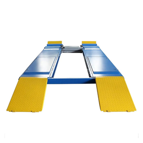 Heavy duty Rock Solid 4 Post Car Lift With Heavy Steel Wire Rope Auto Jack Lifter showing blue frame and yellow ramps.