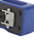 Close-up of All-In-One RJ45 Ethernet Crimping Tool blade section for Cat5, Cat5e, Cat6, and Cat6A connectors, showing stripping blade