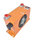 Beefy Hydraulic Air Oil Cooler For Heavy Machinery 60 Liters Per Minute Flow Air Cooled Radiator With 24V Fan shown angled view