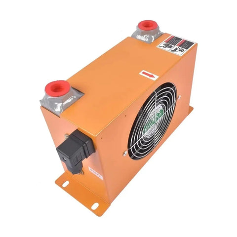Beefy Hydraulic Air Oil Cooler For Heavy Machinery 60 Liters Per Minute Flow Air Cooled Radiator With 24V Fan shown angled view