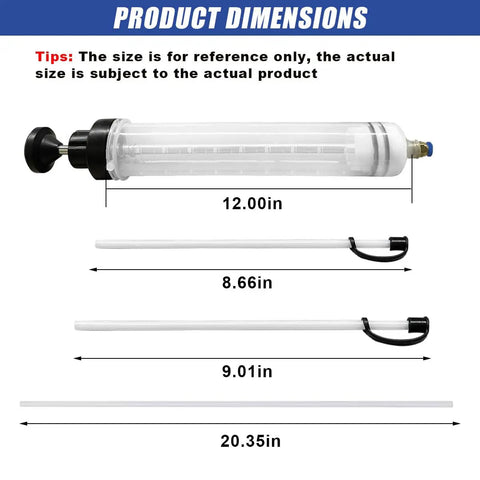 Top Shelf Vacuum Fluid Extractor Syringe Oil Pump With Extended Reinforced Hose dimensions: 12in extractor, 20in tubes.