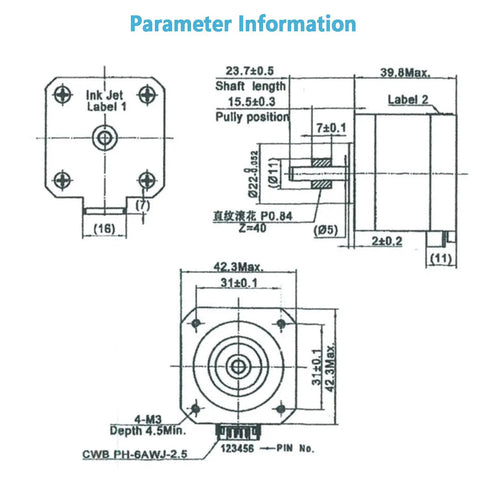 Technical drawing of Dope 42-40 Stepper Motor With Extruder Gear for 3D Printers, showing dimensions and specifications.
