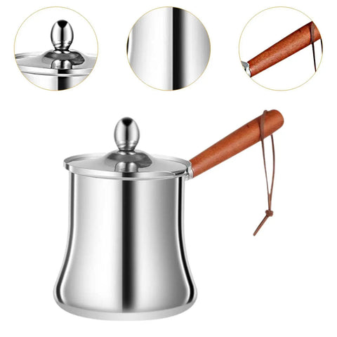 Stainless Steel Turkish Coffee Pot And Melt Pan For Butter Sauces And Frothing Milk 720ml with wood handle, lid closure