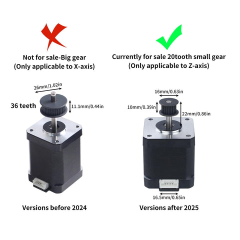 Comparison of NEMA 17 stepper motors, one with 36-tooth gear for X-axis and another with 20-tooth gear for Z-axis, for K1 Max 2024