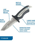 Beefy Titanium Dive Knife With 3.5-Inch Blade, Locking Sheath, And BCD Mount Kit For Scuba Gear, Multi Tool Edge Visible