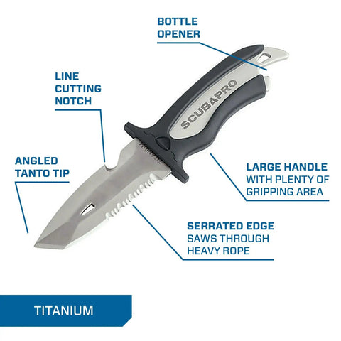 Beefy Titanium Dive Knife With 3.5-Inch Blade, Locking Sheath, And BCD Mount Kit For Scuba Gear, Multi Tool Edge Visible