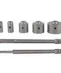 Premium 9-piece Concrete Hole Saw Drill Bit Kit With SDS Plus Arbors And Steel Mandrels For Tough Brick Stone Cement Jobs Featuring Carbide Teeth And Sizes From 30mm To 100mm For Serious Pros, shown with 5 hole saw bits and SDS Plus arbors