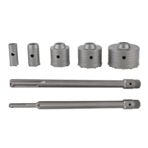 Premium 9-piece Concrete Hole Saw Drill Bit Kit With SDS Plus Arbors And Steel Mandrels For Tough Brick Stone Cement Jobs Featuring Carbide Teeth And Sizes From 30mm To 100mm For Serious Pros, shown with 5 hole saw bits and SDS Plus arbors