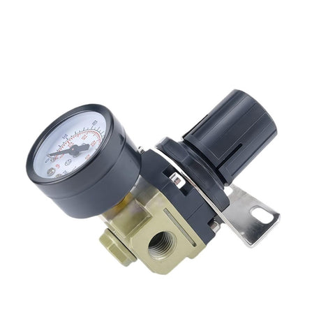 Air Pressure Regulator And Pneumatic FRL Regulating Valve For Compressor Air Treatment Unit One Quarter Inch To Three Eighths Inch BSPT NPT Black Durable Pro Grade Easy Install For Precise Pressure Control In Shops And DIY Pneumatic Systems, close-up view