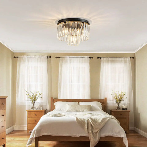 Crystal Ceiling Light Fixture Three Light Modern Semi Flush Mount With E12 Base Black Finish Two Layer Crystal Shade Real Nice For Living Room Bedroom Or Hallway installed in a bedroom.