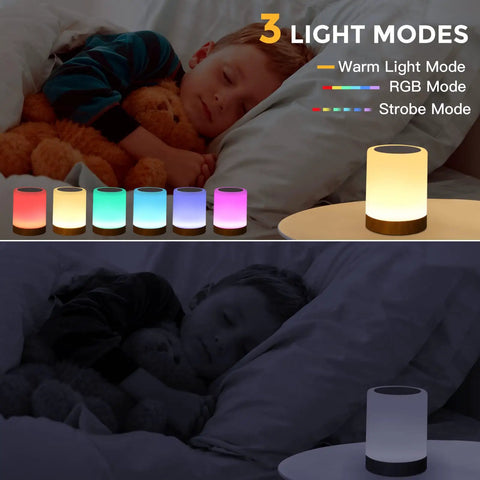 Go-To Night Light Touch Lamp With Built In Battery RGB LED Desk And Bedside Lamp 360 Degree Touch Control next to sleeping child.