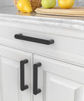 10 Pack 5 Inch Matte Black Cabinet Handles 128mm For Kitchen Cupboards And Drawers Cabinet Pulls Hardware shown on white cabinetry