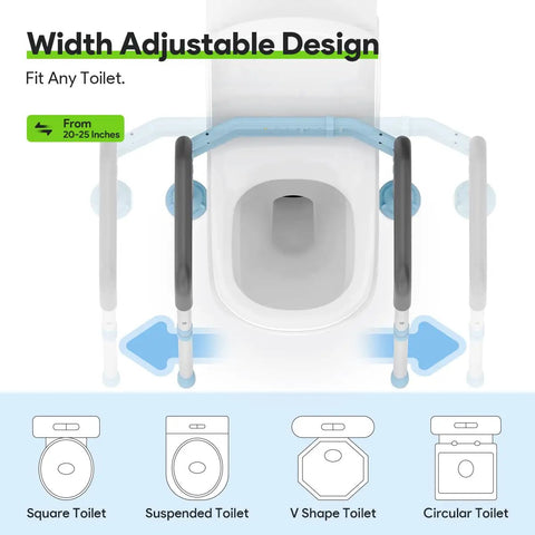 Rock Solid Adjustable Toilet Safety Rails For Seniors 300 Lbs Capacity Bathroom Assist Grab Bars width adjustable design for any toilet.