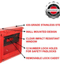 Heavy Duty Wall Mount Group Lock Box Keeping Job Site Gear Safe With Tough As Nails Steel Design Ensures Your Keys And Padlocks Stay Put Through Any Workday, red steel, wall mounted, clear impact resistant window.