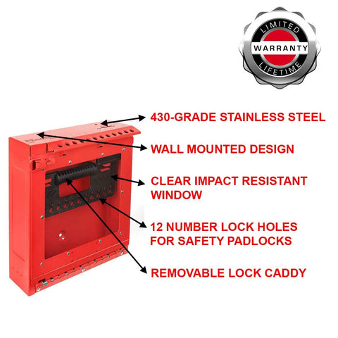 Heavy Duty Wall Mount Group Lock Box Keeping Job Site Gear Safe With Tough As Nails Steel Design Ensures Your Keys And Padlocks Stay Put Through Any Workday, red steel, wall mounted, clear impact resistant window.