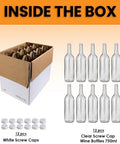 Go To 12 Pack Clear Glass Bottles With No Sweat White Screw Caps Ideal For Bottling DIY Wine Craft Liquor Small Batch Beer Plus Zesty Smoothies Anytime You Want To Save Money, showing bottles and caps inside box.