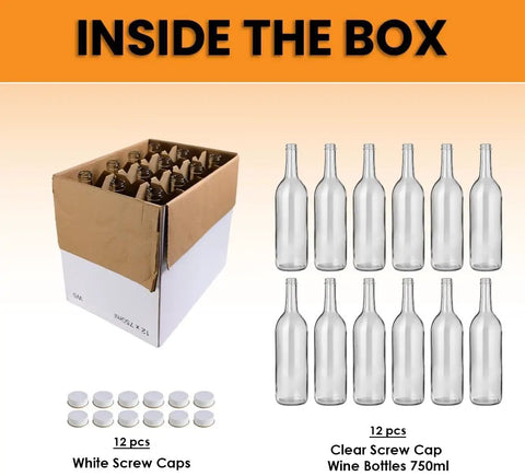 Go To 12 Pack Clear Glass Bottles With No Sweat White Screw Caps Ideal For Bottling DIY Wine Craft Liquor Small Batch Beer Plus Zesty Smoothies Anytime You Want To Save Money, showing bottles and caps inside box.