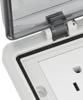 Close-up of Heavy Duty IP66 Wall Outlet Us Standard Power Socket 15 Amp with weatherproof cover.