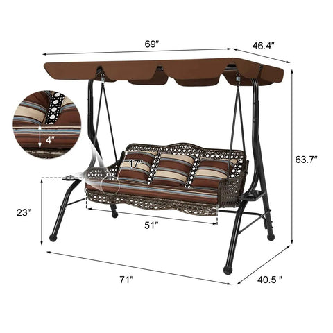 Brown three seat outdoor patio swing chair with large convertible canopy porch glider hammock lounge chair for porch rattan.