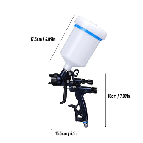 Top Shelf Hvlp Spray Setup With 1.3Mm Nozzle And Six Hundred Ml Reusable Paint Cup, 600ML cup and aluminum body, 17.5cm tall.