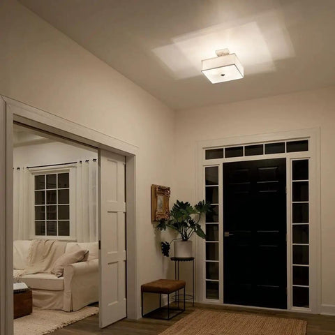 Three Light Square Semi Flush Mount In Olde Bronze With Satin Etched White Diffuser And White Microfiber Shade in hallway.