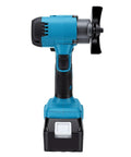 Heavy Duty Cordless Angle Grinder And Mini Circular Saw Pumping 12000 RPM, front view showing battery and cutting blade.