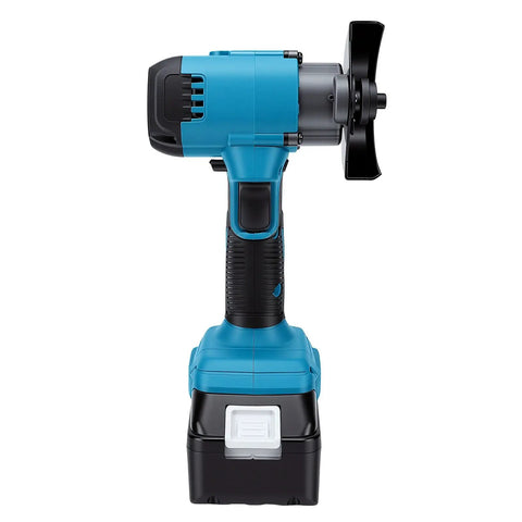Heavy Duty Cordless Angle Grinder And Mini Circular Saw Pumping 12000 RPM, front view showing battery and cutting blade.