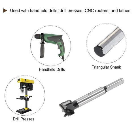 Heavy Duty Rock Solid 3 Piece Forstner Drill Bit Set Featuring Sharp Tungsten Carbide Tips For Clean Wood Drilling And Precision Hole Cutting 3 4 25 32 13 16 Inches And 5 16 Shank with handheld drill and triangular shank
