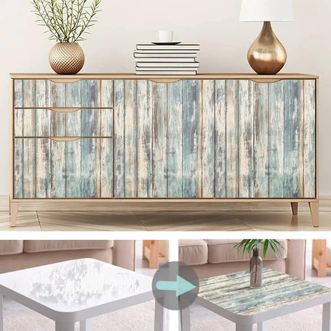 Blue Rustic Wood Peel And Stick Wallpaper 17 Inches Wide By 240 Inches Long Self Adhesive Removable Vinyl Wood Plank on furniture