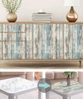 Rustic Wood Look Contact Paper Peel And Stick Self Adhesive Wallpaper on cabinet and table, distressed plank grain design