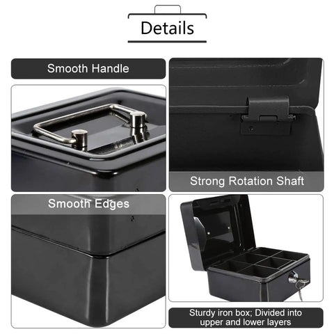 Details of Compact Lock Box For Cash And Jewelry Storage, Lockable Small Black Safe with six compartments and smooth edges