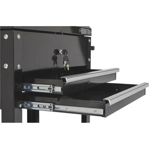 Close-up of 28 Inch Two Drawer Tool Cart With Locking Top And Smooth Rolling Ball Bearing Slides, 350 Pound Capacity, Pro Grade Heavy Duty Mobile Toolbox For Shop Or Garage, Sturdy Steel Construction And Easy Access.