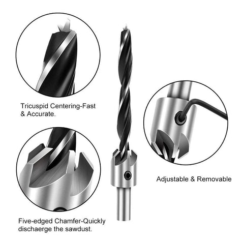 Seven-piece COMOWARE countersink drill bit set for wood; high-speed steel bits with adjustable collar and hex key wrench.