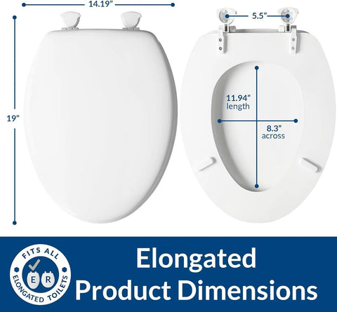 Athens Elongated Toilet Seat With Easy Clean Hinges And Durable Wood White Finish showing product dimensions.