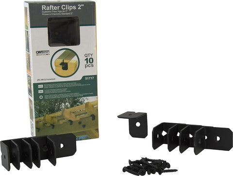 Two Inch Rafter Clips With Matching Hardware For Outdoor Wood Structures Black Powder Coated Galvanized Steel Includes Ten Clips And Twenty Hex Head Sharp Point Screws For Fast Installation Ideal For Arbors Fencing Rafters Rails And More packaging and components.