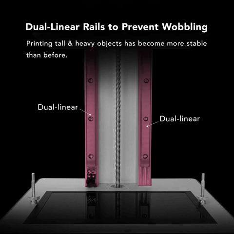 Close-up of Sonic Mighty 4K Resin 3D Printer dual-linear rails, enhancing stability for tabletop resin printer.