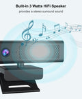 Hella Sharp 1080P Hd Webcam With Zero Fuss Setup And Pro Level Quad Mic Array Built In Stereo Speaker Magnetic Privacy Slider showing built-in HiFi speaker and sound waves.