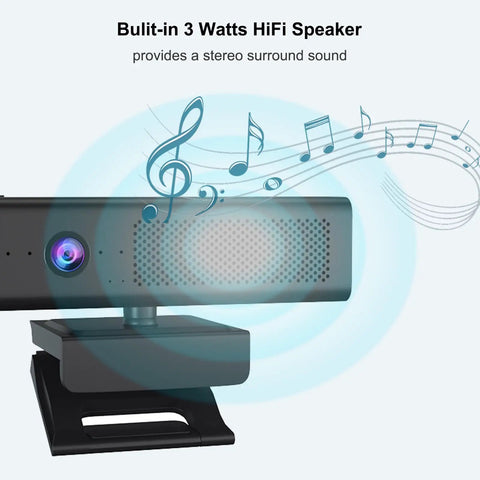 Hella Sharp 1080P Hd Webcam With Zero Fuss Setup And Pro Level Quad Mic Array Built In Stereo Speaker Magnetic Privacy Slider showing built-in HiFi speaker and sound waves.