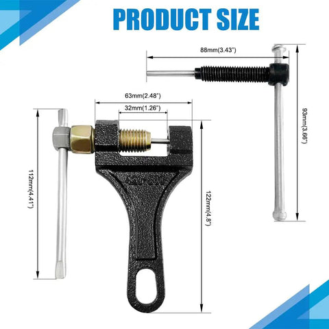 Beefy Heavy Duty Chain Breaker Tool For Motorcycles And Bikes, Link Splitter And Pin Remover with dimensions displayed