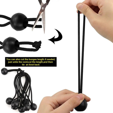 24 Piece Ball Bungee Cords Set Heavy Duty Tarp Ball Cords With 4mm Elastic showing cutting and knotting options