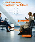People in airport using devices, highlighting RFID skimming risks; illustrates importance of Ultra Slim RFID Blocking Card For Wallet And Passport No Battery Needed Instant 6 Inch Shield Against Skimming Keep Your Cards And Personal Info Safe While Traveling No Bulky Sleeves Fits Men And Women 2 Pack.