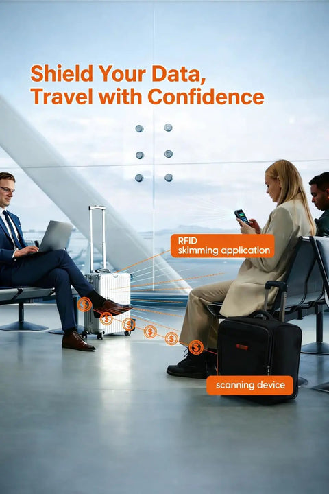 People in airport using devices, highlighting RFID skimming risks; illustrates importance of Ultra Slim RFID Blocking Card For Wallet And Passport No Battery Needed Instant 6 Inch Shield Against Skimming Keep Your Cards And Personal Info Safe While Traveling No Bulky Sleeves Fits Men And Women 2 Pack.