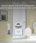 Shower Door Hinge Pin Kit With Pivot Bushing For Framed Swing Doors Replacement Parts displayed against a shower background.