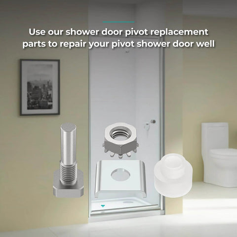 Shower Door Hinge Pin Kit With Pivot Bushing For Framed Swing Doors Replacement Parts displayed against a shower background.