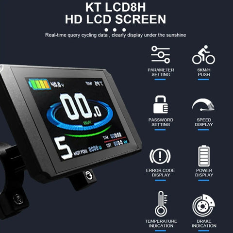 KT LCD8H Electric Bike Display Panel With USB Port And 5 Pin Connector showcasing full color screen and button controls.