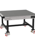 Rock Solid Mobile Welding Fixture Table 60X60X36 with laser cut grid holes and heavy duty locking casters, made in USA.