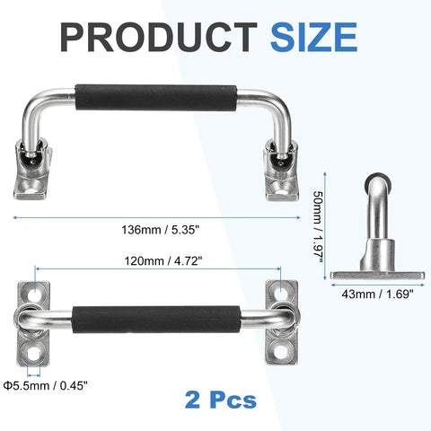 Two Pack 304 Stainless Steel Folding Pull Handles With Rubber Grip, 90 Degree Toolbox Cabinet Hardware, Bright Polished Finish, Durable Pull Latches For Equipment, Boxes, And Distribution Panels With 4.72 Inch Hole Spacing. product size shown