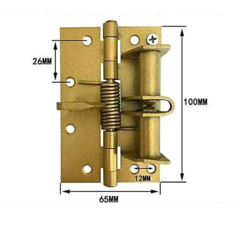 Two Pack Hidden Door Hinges With Spring Self Closing And Silent Hydraulic Buffer in gold steel with measurements shown