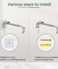 Illustration of Hella Secure TV Anti Tip Anchors For Baby Proofing showing self-adhesive and traditional drill installation methods.
