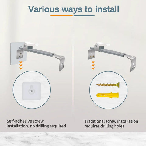 Illustration of Hella Secure TV Anti Tip Anchors For Baby Proofing showing self-adhesive and traditional drill installation methods.